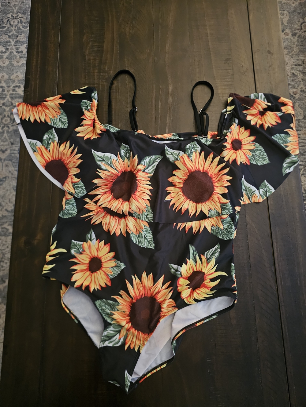Floral Sunflower Off-Shoulder One-Piece Swimsuit - Black